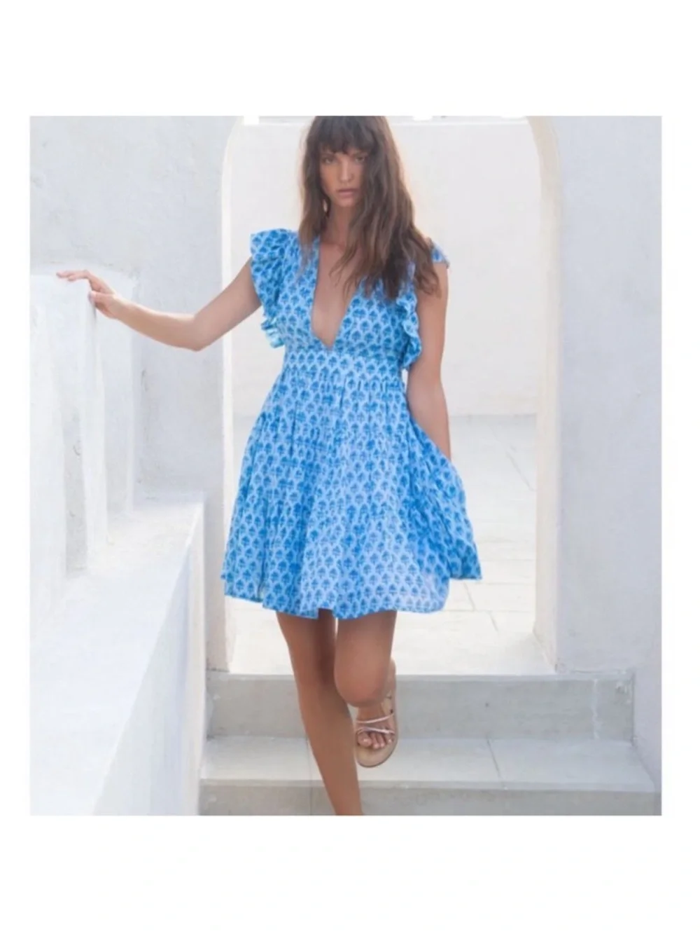 Oliphant 🌹Blue Printed V-Neck Ruffle Mini Dress - Picture 3 of 16